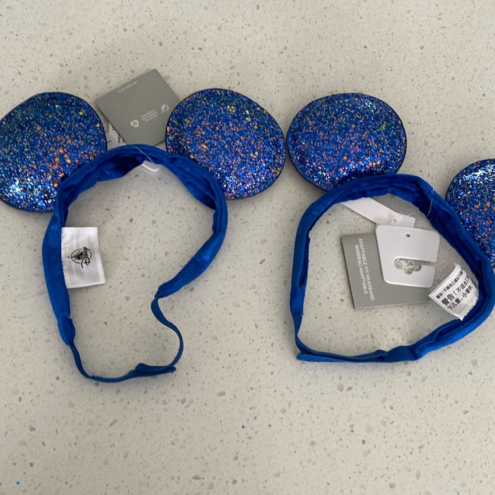 Lot 2 Disney Mickey Ears Blue Sparkle Adjustable Youth Headband Minnie Mouse.